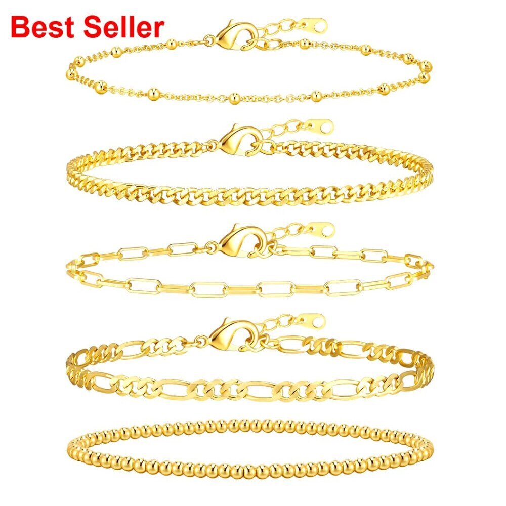 14K Gold Plated Stackable Bracelet Set Adjustable Link Chains Waterproof